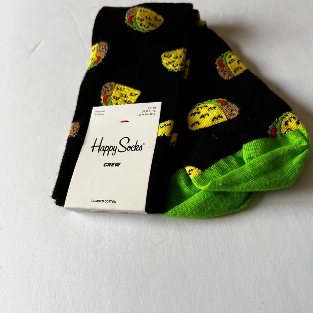 HAPPY SOCKS MENS COMBED COTTON CREW SOCKS TACO TO GO TACO PRINT BLACK OS NWT